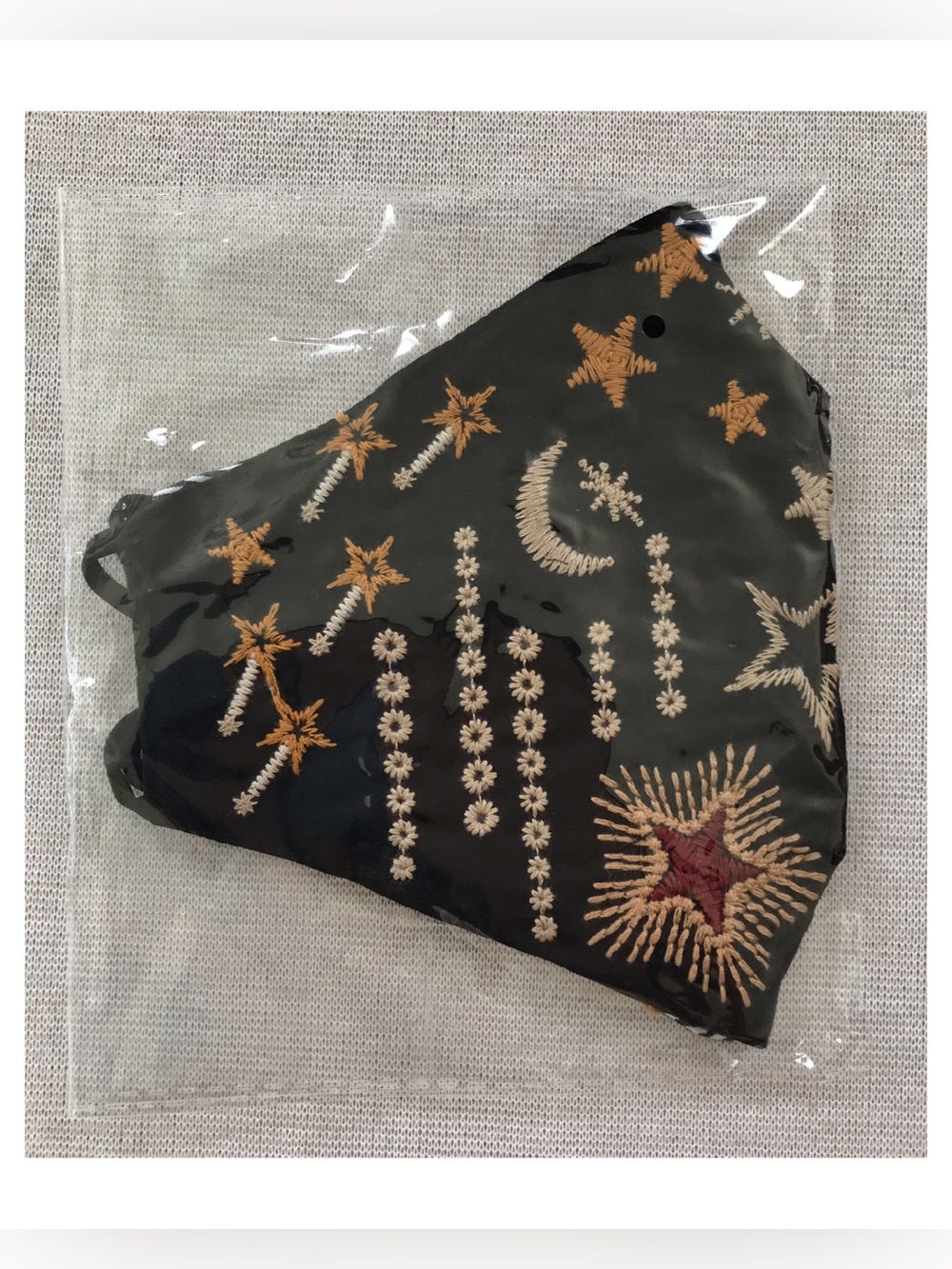 Johnny Was NWT Embroidered Black & Gold Star & Moon Face Mask